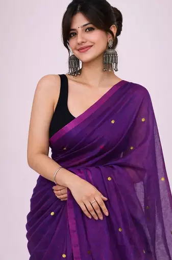 Brown handloom khadi cotton traditional mirror work thread tassels sarees