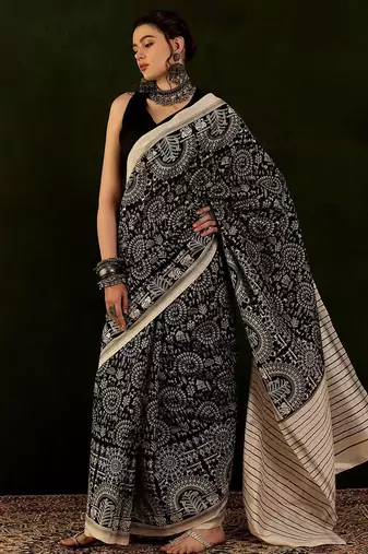 Black dabu printed saree with blouse
