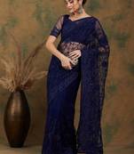 Navy blue navy blue floral embroidered net saree