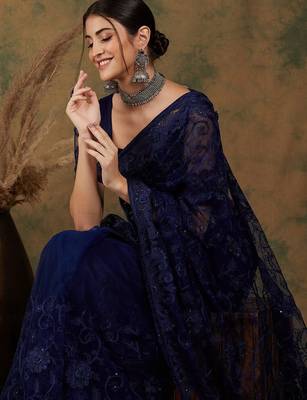 Navy blue navy blue floral embroidered net saree 2
