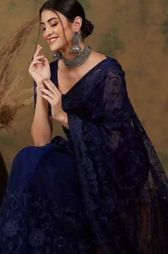 Navy blue navy blue floral embroidered net saree