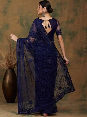 Navy blue navy blue floral embroidered net saree 5