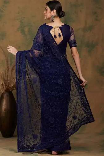 Navy blue navy blue floral embroidered net saree