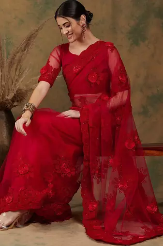 Red red floral embroidered saree