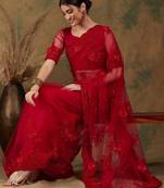 Red red floral embroidered saree