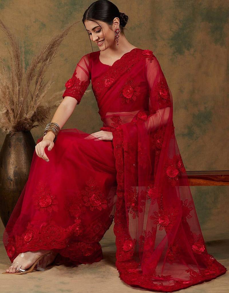 Red red floral embroidered saree