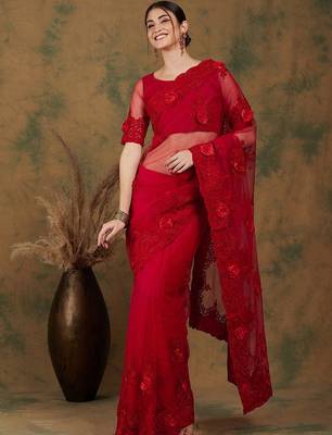 Red red floral embroidered saree 2