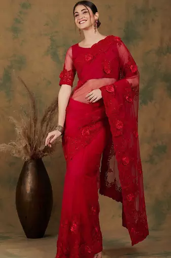 Red red floral embroidered saree