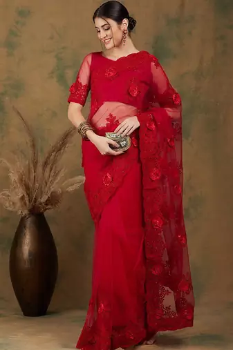 Red red floral embroidered saree