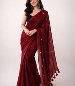 Brown handloom khadi cotton traditional mirror work thread tassels sarees