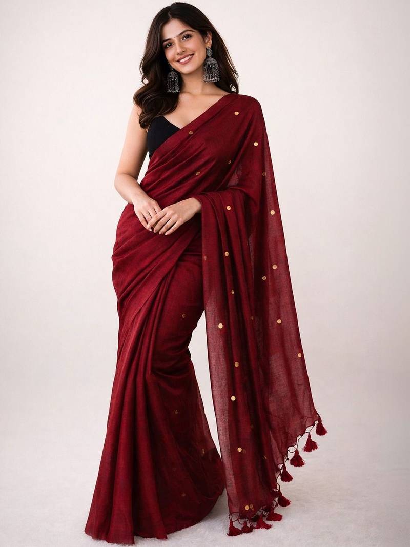 Brown handloom khadi cotton traditional mirror work thread tassels sarees