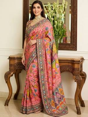 Pink floral embroidered  chiffon heavy work saree 1