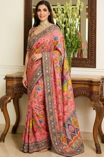 Pink floral embroidered  chiffon heavy work saree