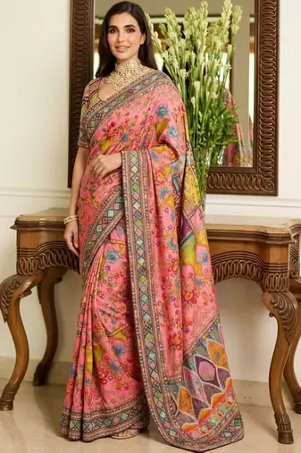 Pink floral embroidered  chiffon heavy work saree