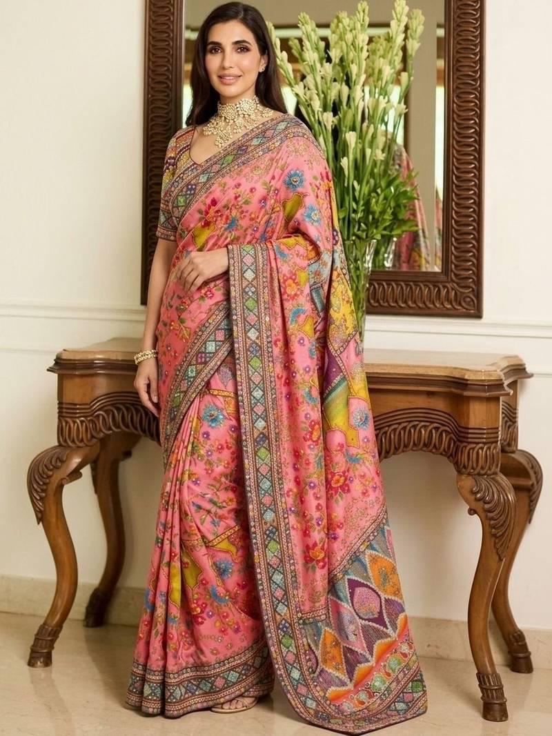 Pink floral embroidered  chiffon heavy work saree