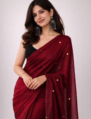 Brown handloom khadi cotton traditional mirror work thread tassels sarees 2