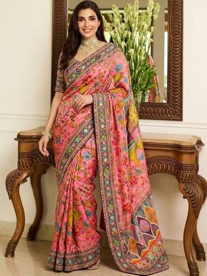 Pink floral embroidered  chiffon heavy work saree 2