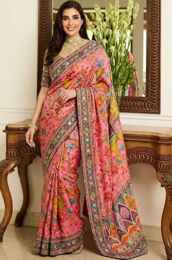 Pink floral embroidered  chiffon heavy work saree