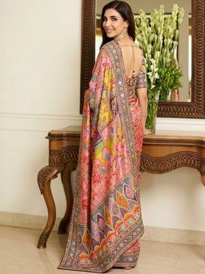 Pink floral embroidered  chiffon heavy work saree 3