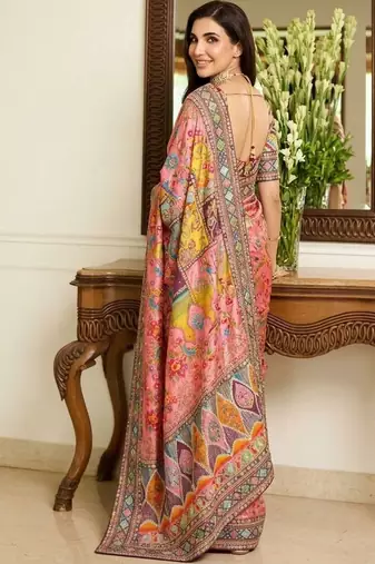 Pink floral embroidered  chiffon heavy work saree