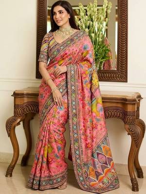 Pink floral embroidered  chiffon heavy work saree 4
