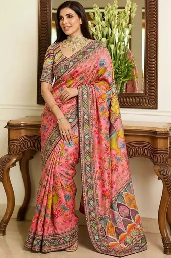 Pink floral embroidered  chiffon heavy work saree