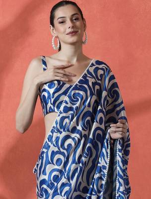Beige satin digital printed ready to wear saree 1
