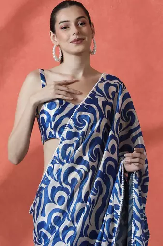 Beige satin digital printed ready to wear saree