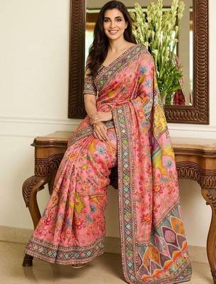 Pink floral embroidered  chiffon heavy work saree 5