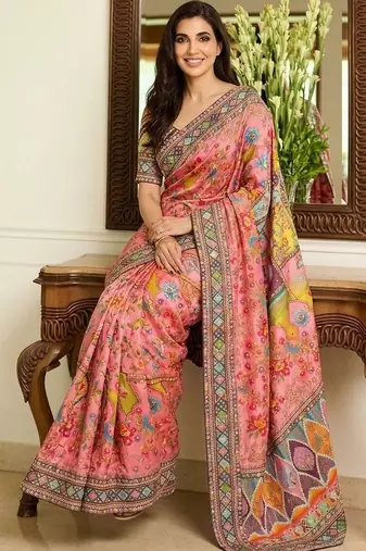 Pink floral embroidered  chiffon heavy work saree