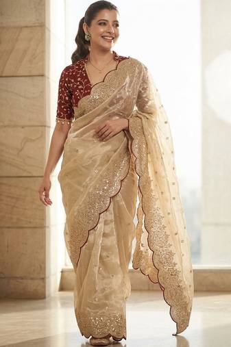 Cream embellished sequinned tissue heavy work saree