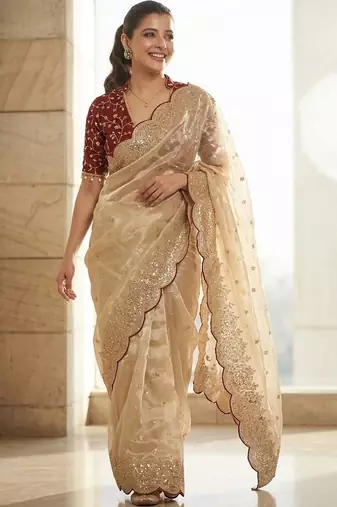 Cream embellished sequinned tissue heavy work saree