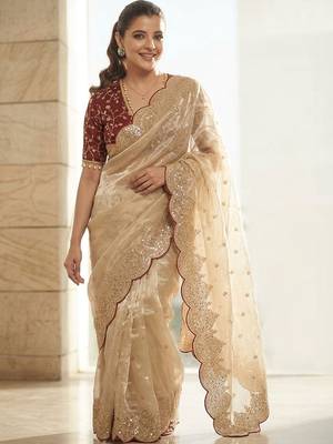 Cream embellished sequinned tissue heavy work saree 3