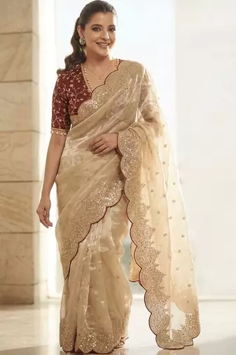 Cream embellished sequinned tissue heavy work saree