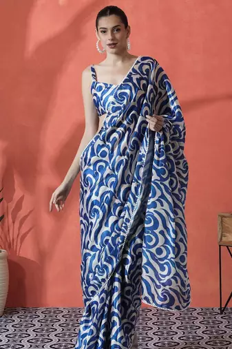 Beige satin digital printed ready to wear saree