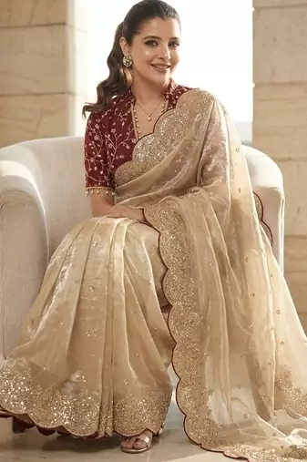 Cream embellished sequinned tissue heavy work saree