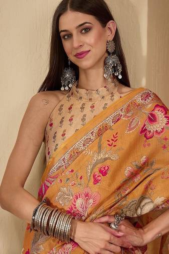 Orange floral printed  linen sarees with blouse piece