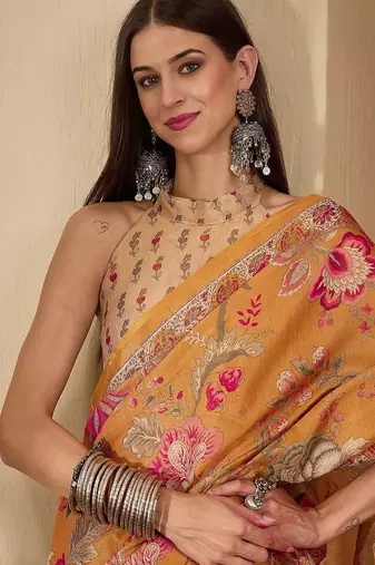 Orange floral printed  linen sarees with blouse piece