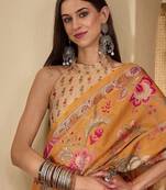 Orange floral printed  linen sarees with blouse piece