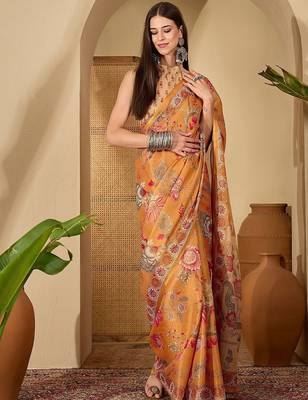 Orange floral printed  linen sarees with blouse piece 2
