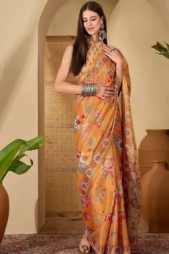 Orange floral printed  linen sarees with blouse piece