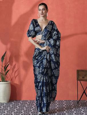 Blue ready to wear satin floral digital printed saree 1
