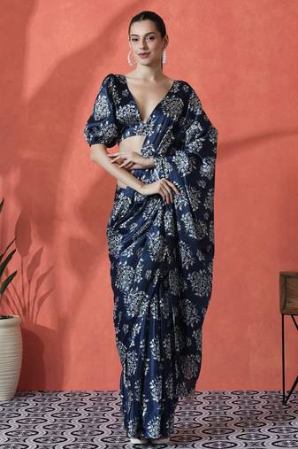 Blue ready to wear satin floral digital printed saree