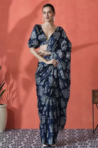 Blue ready to wear satin floral digital printed saree