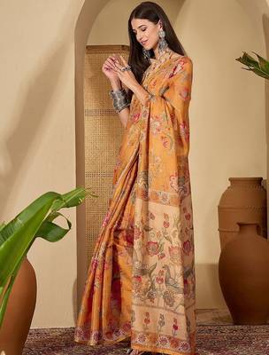 Orange floral printed  linen sarees with blouse piece 3