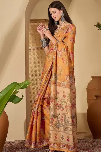 Orange floral printed  linen sarees with blouse piece