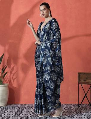 Blue ready to wear satin floral digital printed saree 2