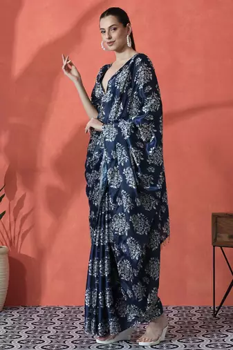 Blue ready to wear satin floral digital printed saree