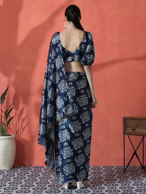 Blue ready to wear satin floral digital printed saree 3