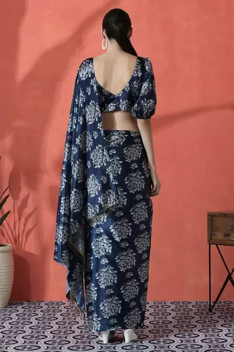 Blue ready to wear satin floral digital printed saree